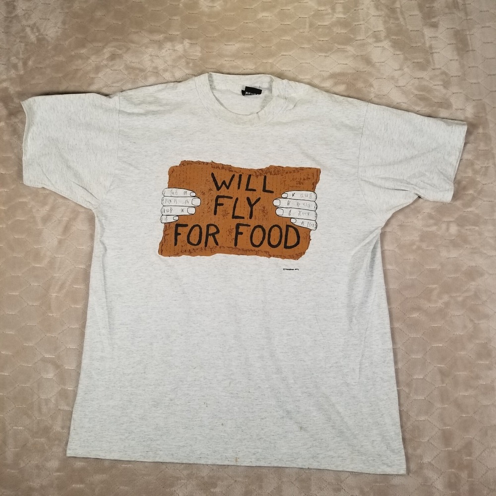 VTG Will Fly For Food T-Shirt- Sz XL - Gray Single Stitch USA Screen Stars Pilot